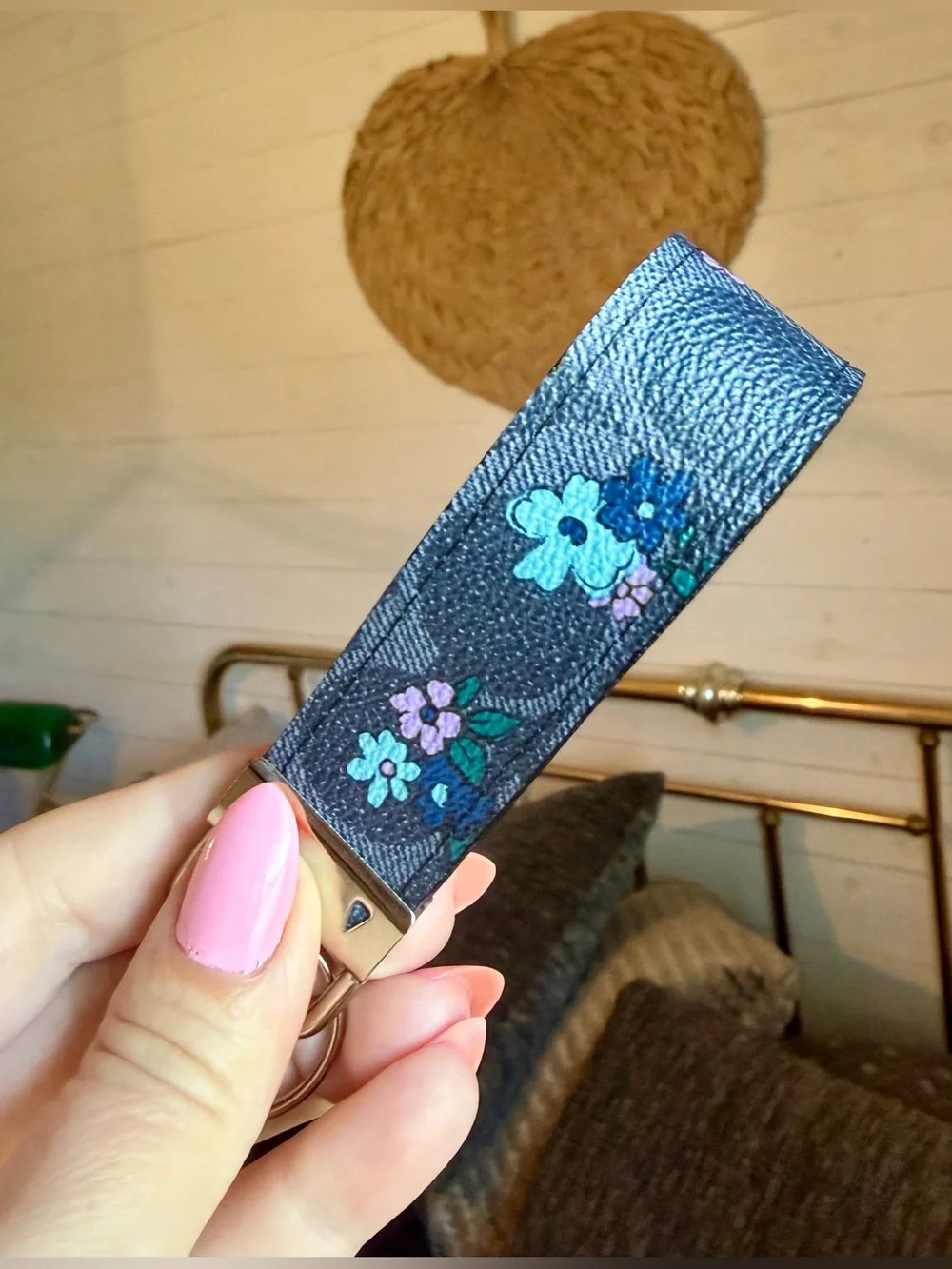 Upcycled Floral Printed Leather Key Fob - Silver Hardware